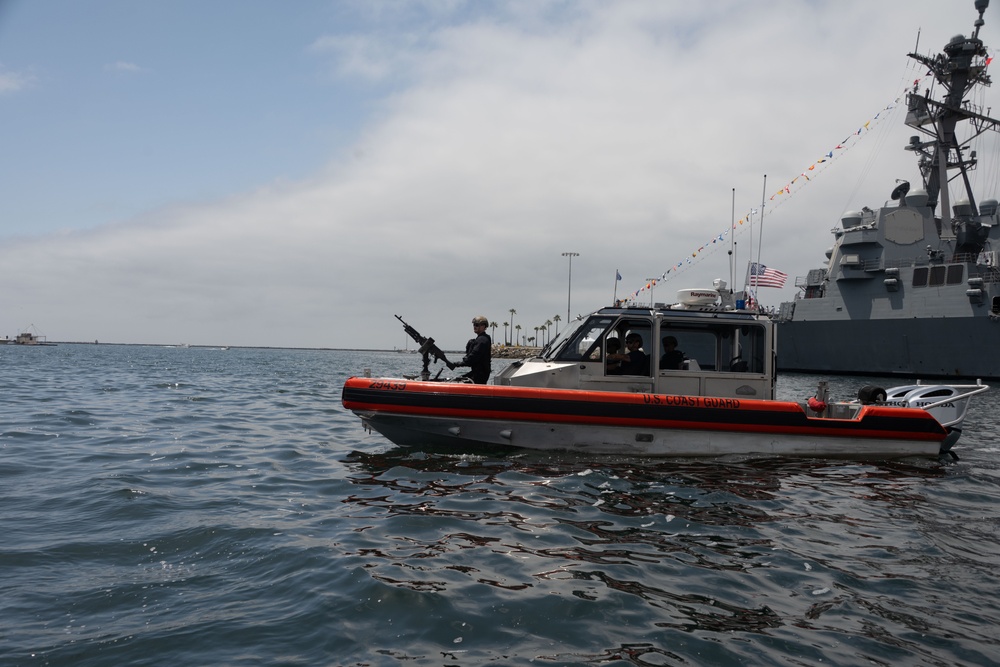 Members of U.S. Coast Guard Maritime Safety and Security Team (MSST) Los Angeles-Long Beach patrol the waters of Long Beach, California, during Los Angeles Fleet Week 2005, May 25, 2025.