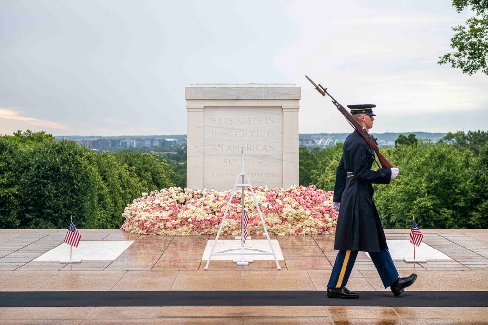 A Tomb Sentinal marches in front of the Tomb of the Unknown Soldier on Memorial Day.