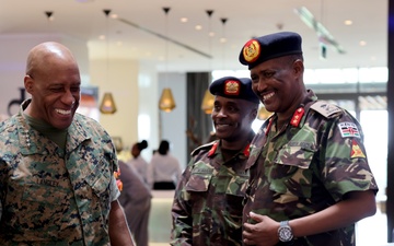 U.S. Marine Corps Gen. Michael Langley conducts a walkthrough with Kenyan Gen. Charles Kahariri at the African Chiefs of Defense Conference 2025