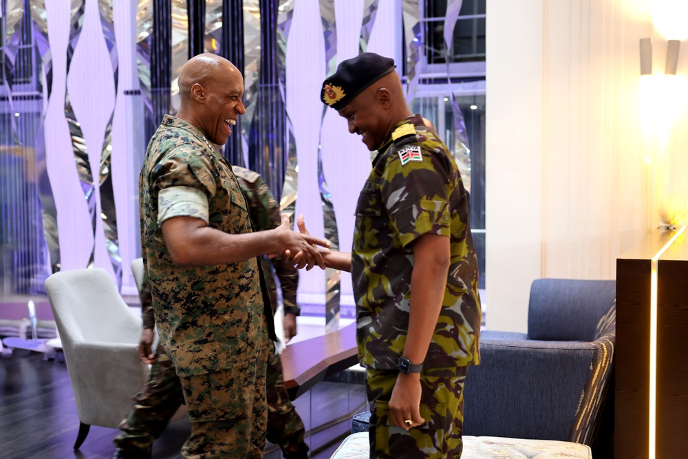 U.S. Marine Corps Gen. Michael Langley conducts a walkthrough with Kenyan Gen. Charles Kahariri at the African Chiefs of Defense Conference 2025