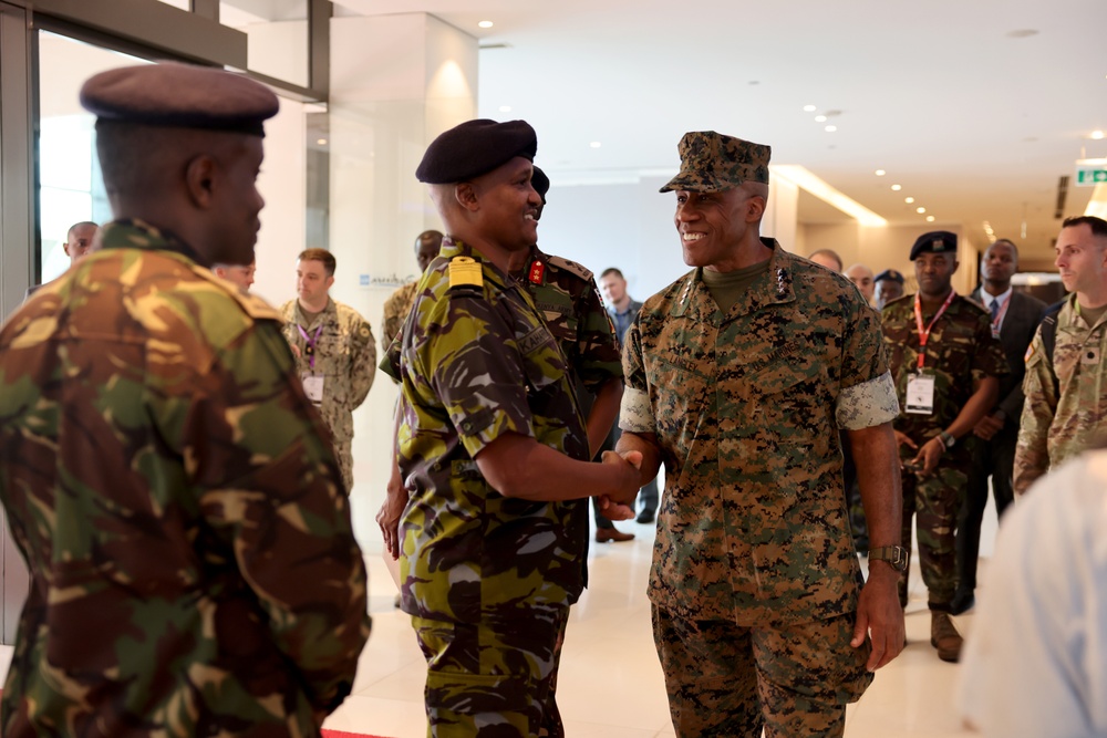 U.S. Marine Corps Gen. Michael Langley conducts a walkthrough with Kenyan Gen. Charles Kahariri at the African Chiefs of Defense Conference 2025
