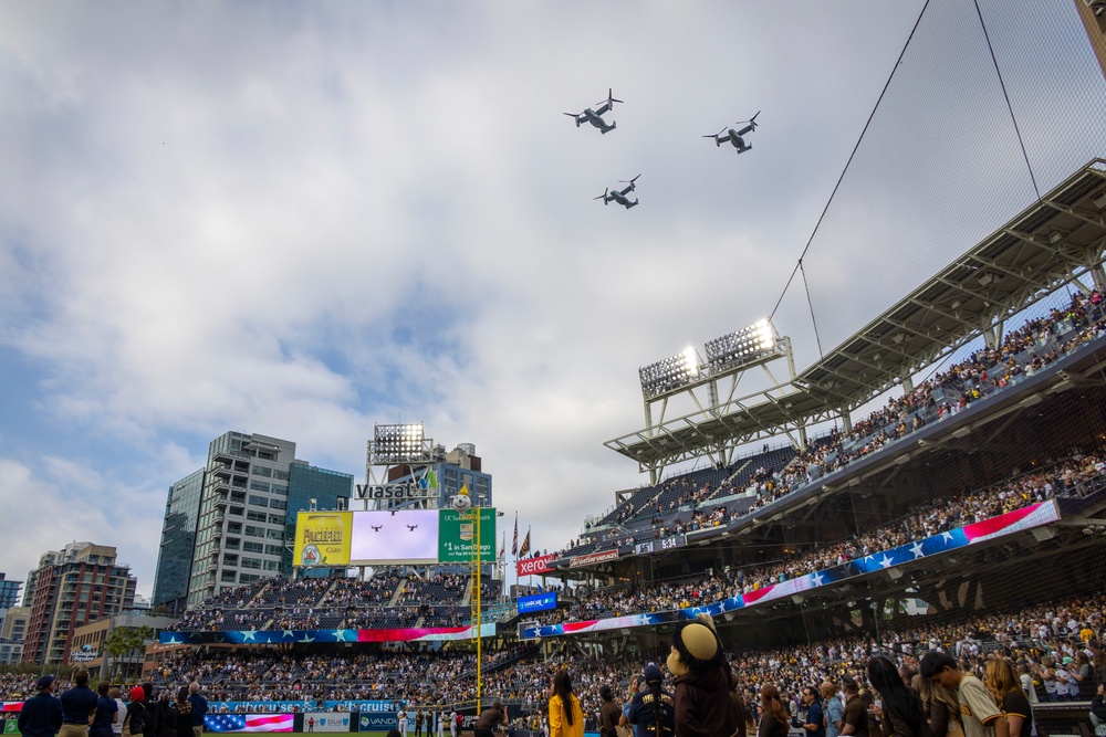 VMM-164 Ospreys fly over San Diego Padres Memorial Day game