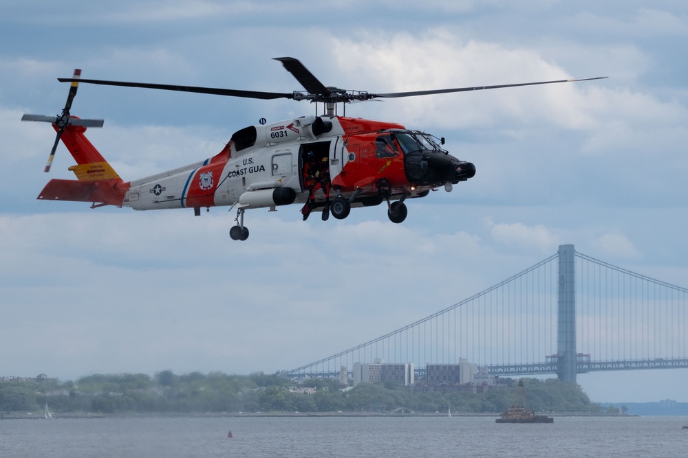 U.S. Coast Guard Air Station Cape Cod MH-60 Jayhawk conducts a search and rescue demonstration during Fleet Week NYC.