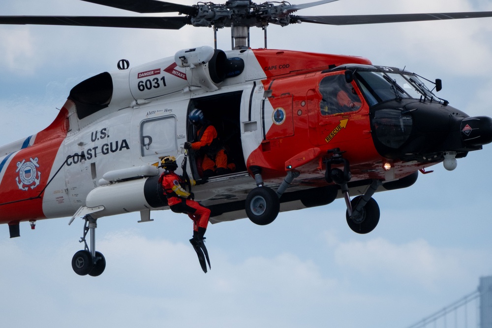 U.S. Coast Guard Air Station Cape Cod MH-60 Jayhawk conducts a search and rescue demonstration during Fleet Week NYC.