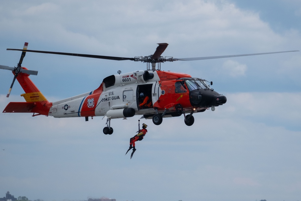 U.S. Coast Guard Air Station Cape Cod MH-60 Jayhawk conducts a search and rescue demonstration during Fleet Week NYC.