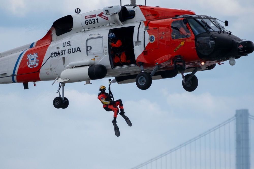 U.S. Coast Guard Air Station Cape Cod MH-60 Jayhawk conducts a search and rescue demonstration during Fleet Week NYC.