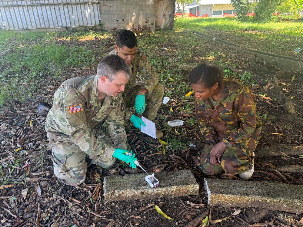 Service members conduct G6PD field testing as part of the disease surveillance efforts at No Sick Soljia 2025 in Wewak, Papua New Guinea.