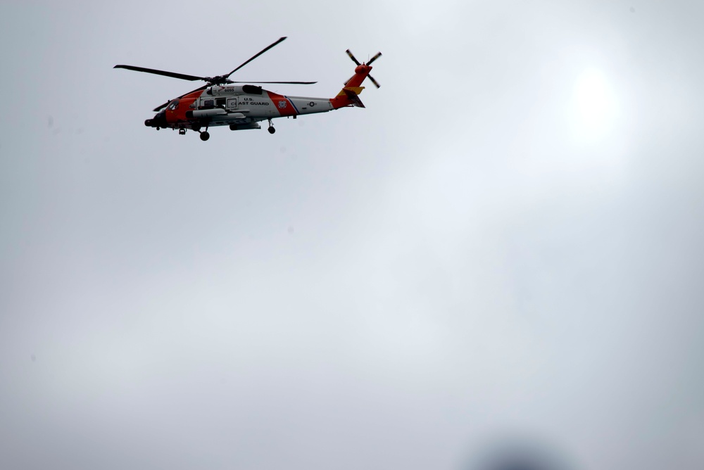 Coast Guard Jayhawk flies over the Port of Los Angeles