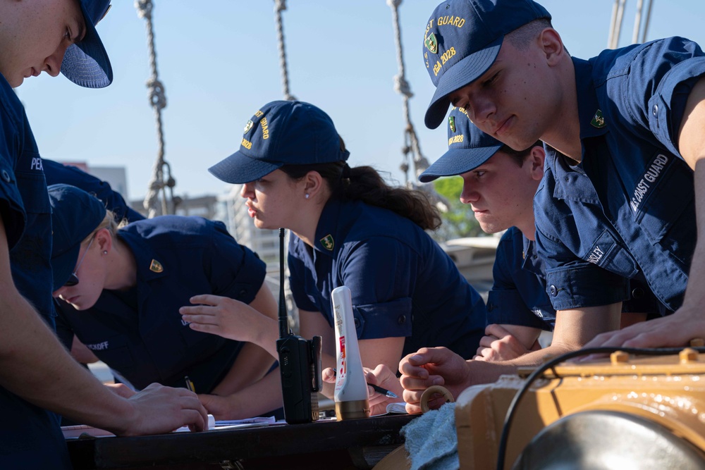 USCGC Eagle crew teaches cadets chart plotting