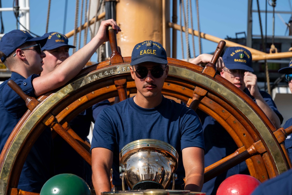 USCGC Eagle crew teaches cadets how man the helm