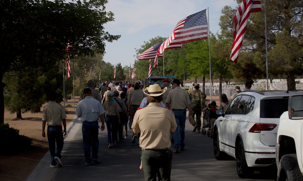 Flags placed at Fort Bliss National Cemetery before Memorial Day