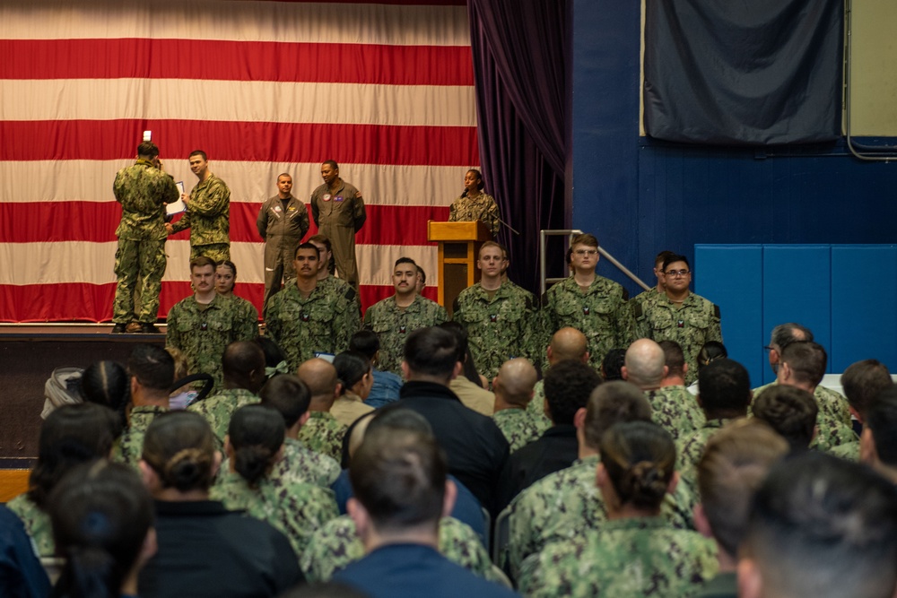 Headline: USS Ronald Reagan (CVN 76) frocks newly appointed petty officers