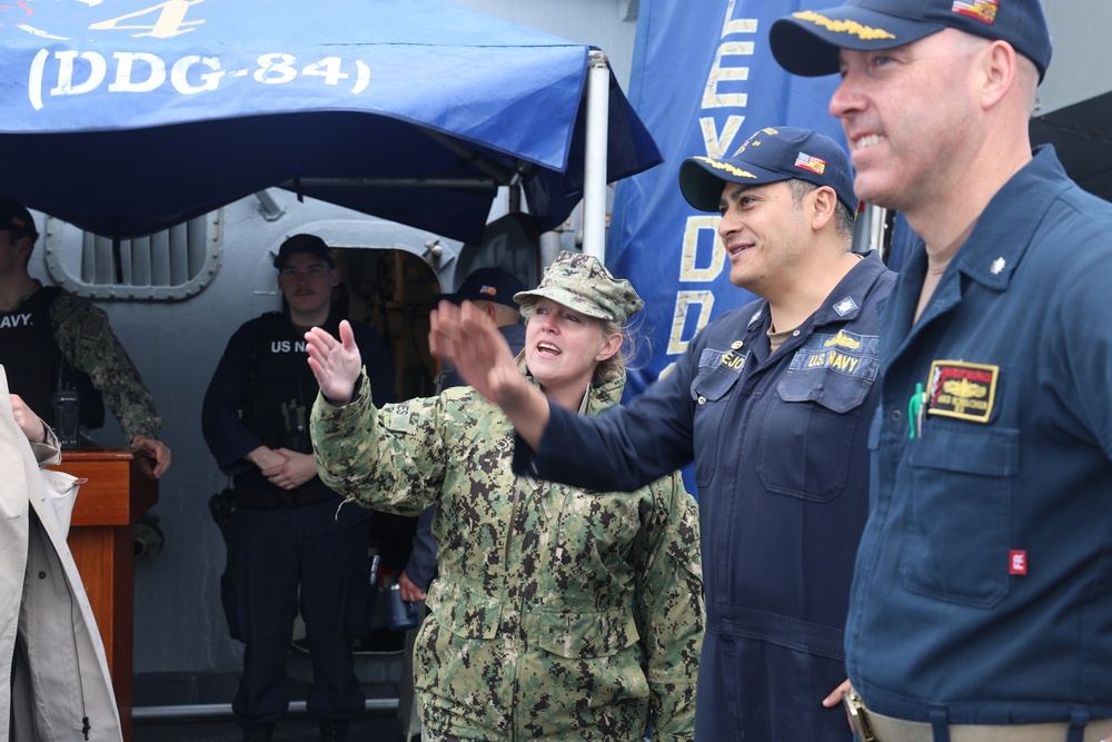 Capt. Jennifer Jones and USS Bulkeley Leadership are introduced to distinguished visitors and guests