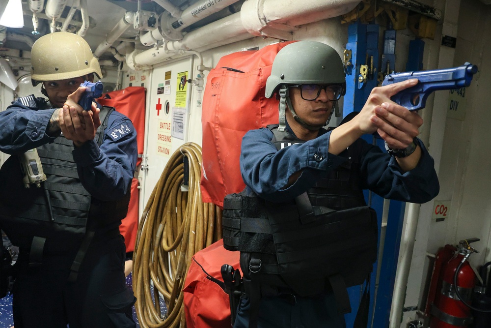 U.S. Navy Sailors aboard the USS Bulkeley conduct a simulated active shooter and hostage scenario