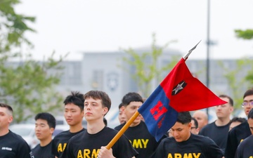 U.S. Army soldiers assigned to the 2nd Infantry Division participate in a division run as part of warrior week.