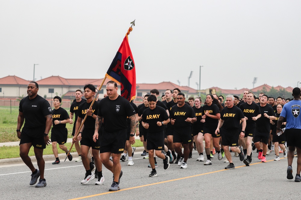 U.S. Army Soldiers assigned to the 2nd Infantry Division participate in a division run as part of Warrior Week.