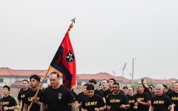U.S. Army Soldiers assigned to the 2nd Infantry Division participate in a division run as part of Warrior Week.