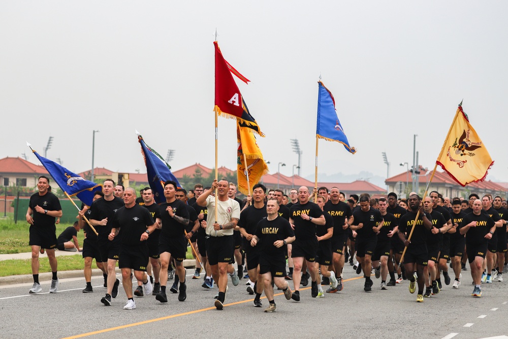 U.S. Army Soldiers assigned to the 2nd Infantry Division participate in a division run as part of Warrior Week.