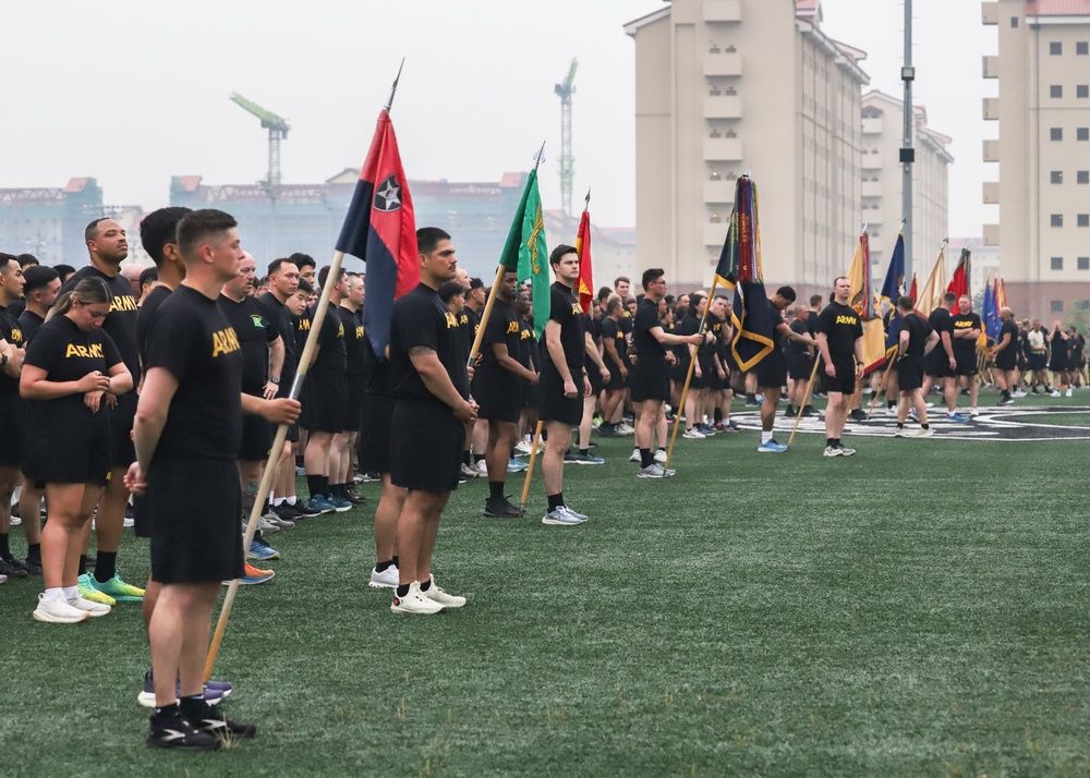 U.S. Army Soldiers assigned to the 2nd Infantry Division participate in a division run as part of Warrior Week.