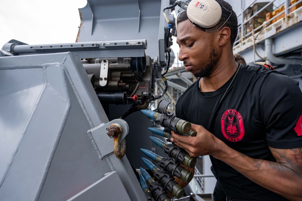 USS America (LHA 6) Conducts MK 38 Live Fire Exercise