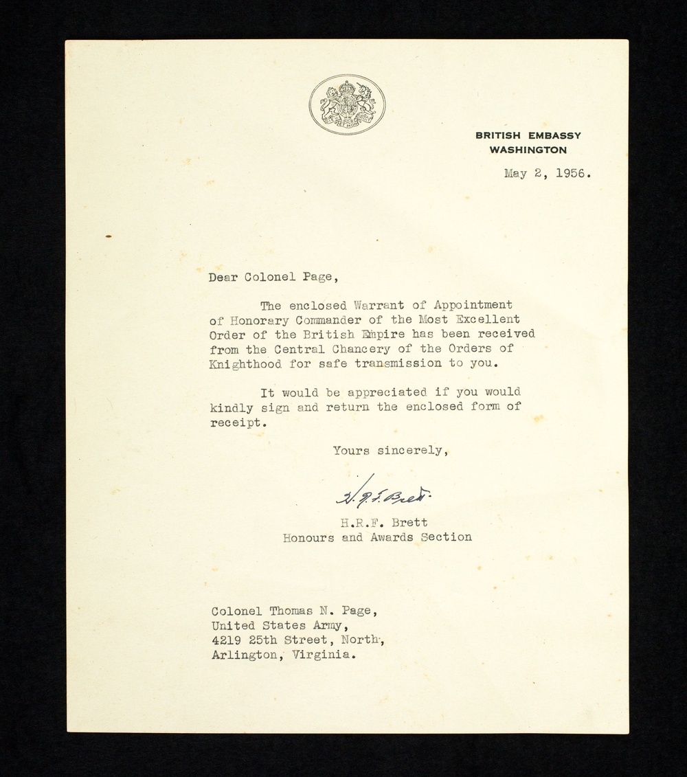 COL Thomas Nelson Page, Medical Corps, and former Chief Surgeon 8th Army was made an Honorary Commander of the Military Division of the Most Excellent Order of the British Empire, 2 May 1956.