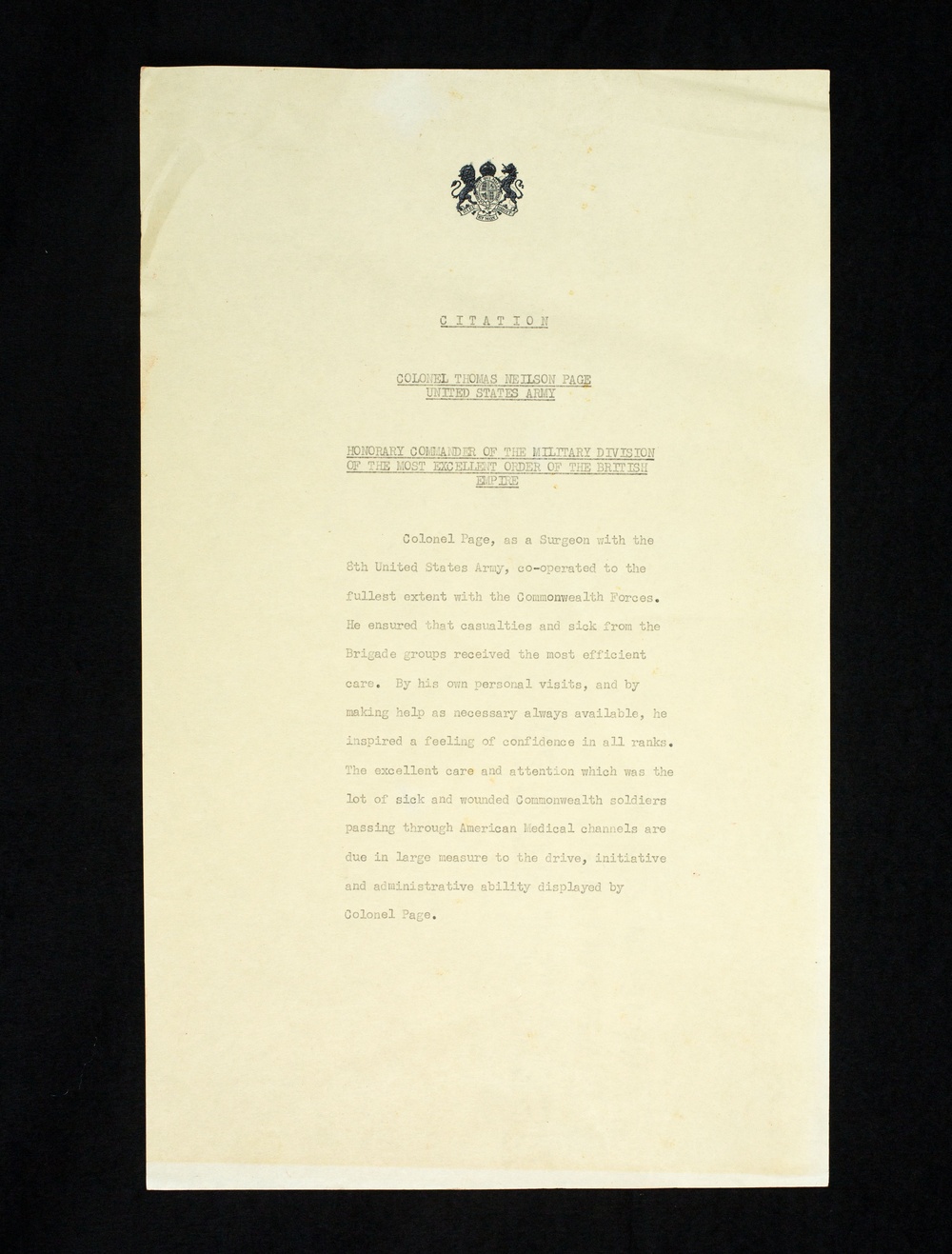 COL Thomas Nelson Page, Medical Corps, and former Chief Surgeon 8th Army was made an Honorary Commander of the Military Division of the Most Excellent Order of the British Empire, 2 May 1956.
