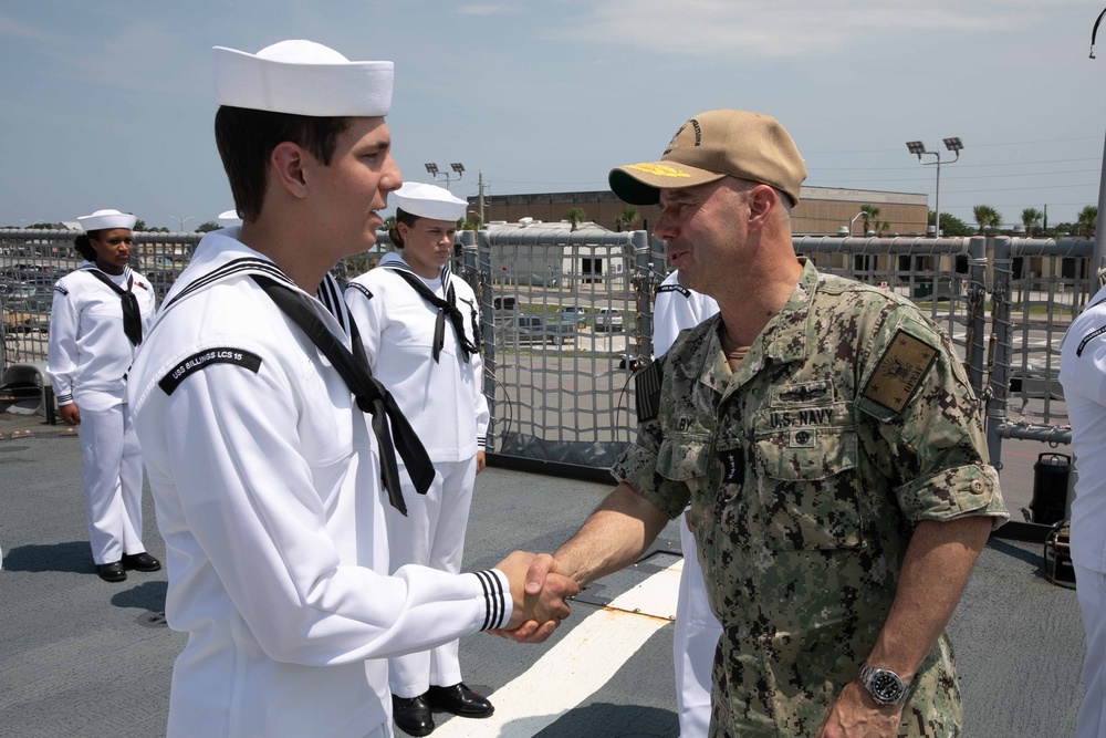 Acting Chief of Naval Operations Adm. Jim Kilby recognizes Sailors assigned to USS Billings