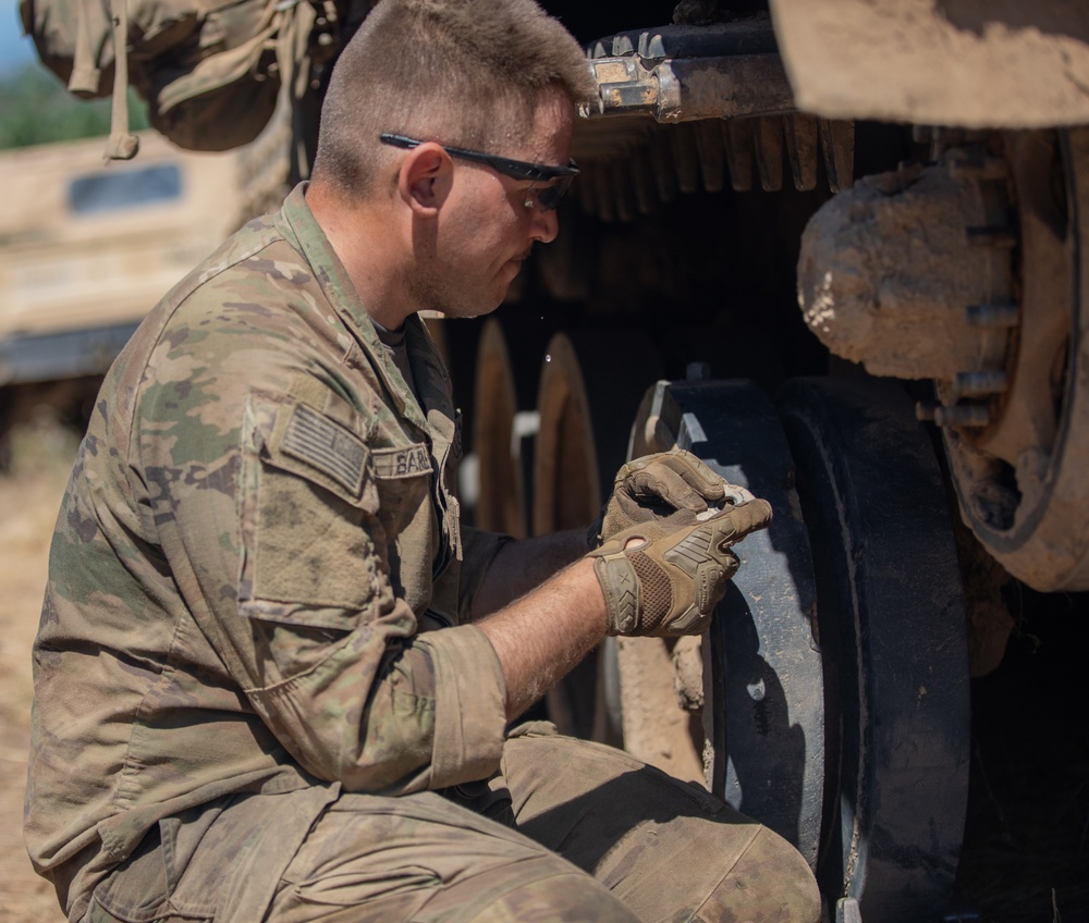 U.S. Soldiers conduct maintenance at the Unit Maintenance Collection Point during Balkan Sentinel