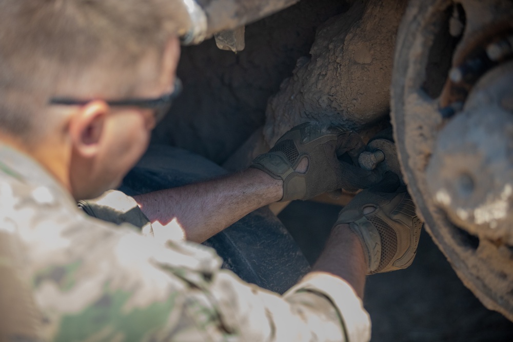 U.S. Soldiers conduct maintenance at the Unit Maintenance Collection Point during Balkan Sentinel