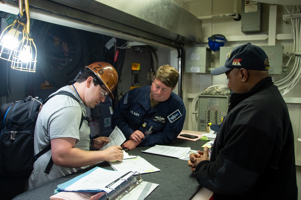 Contractors and Puget Sound Naval Shipyard workers conduct routine operations and ship maintenance aboard USS Ronald Reagan (CVN 76)
