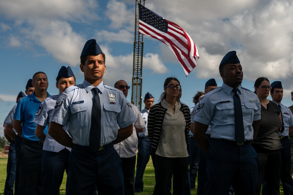 Airmen and civilians assigned to the 377th Mission Support Group stand in formation during the 377 MSG change of command ceremony.