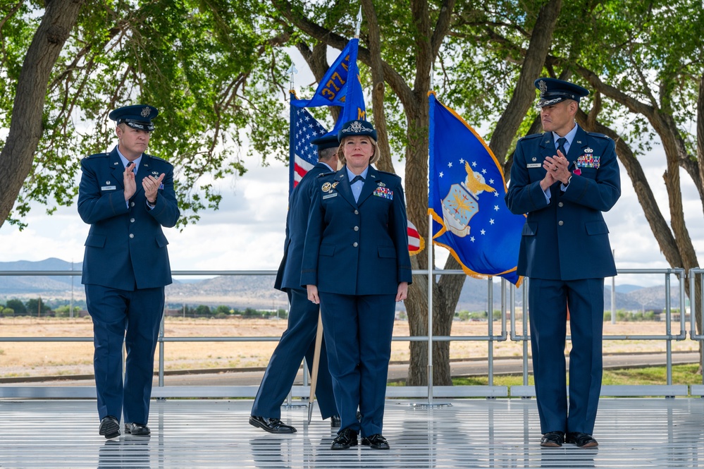 U.S. Air Force Col. Kelly Padden, incoming 377th Mission Support Group commander, stands at attention during the 377 MSG change of command ceremony.