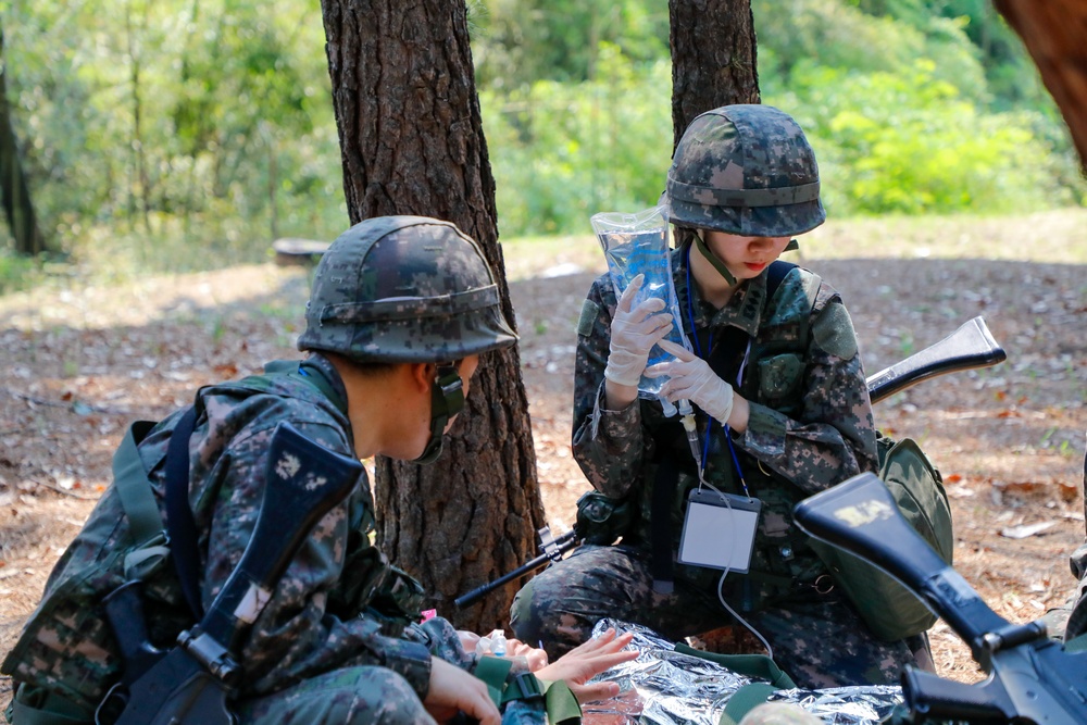 U.S. Soldiers and Republic of Korea army soldiers conduct medical field training exercises.