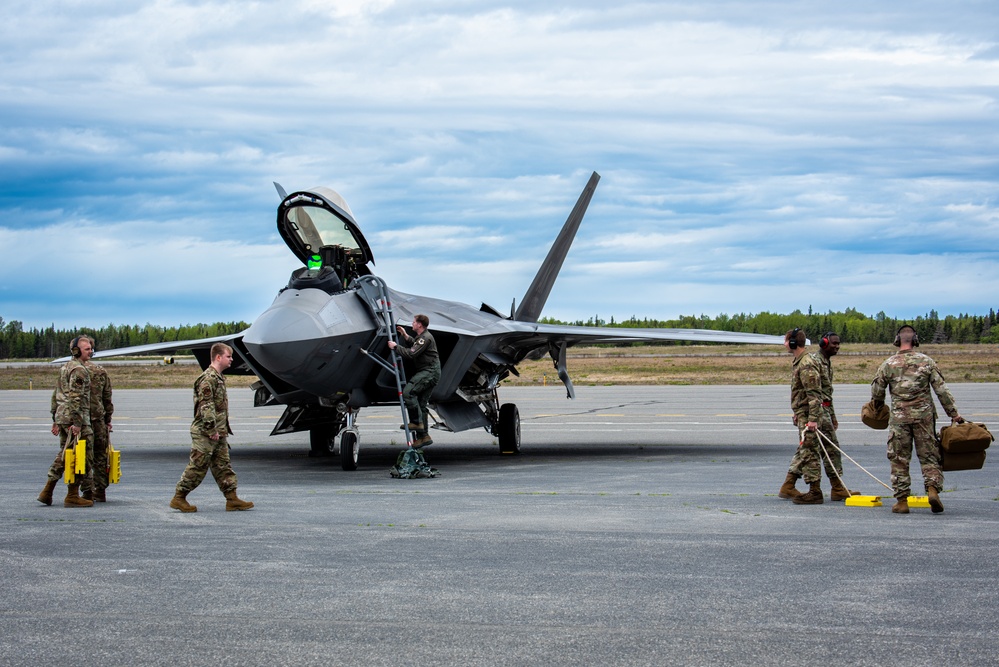 F-22 Raptors assigned to JBER conduct aerial maneuvers during exercise Tropic Tundra