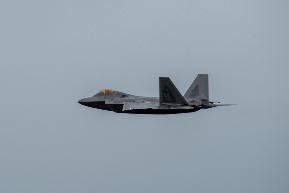 F-22 Raptors assigned to JBER conduct aerial maneuvers during exercise Tropic Tundra