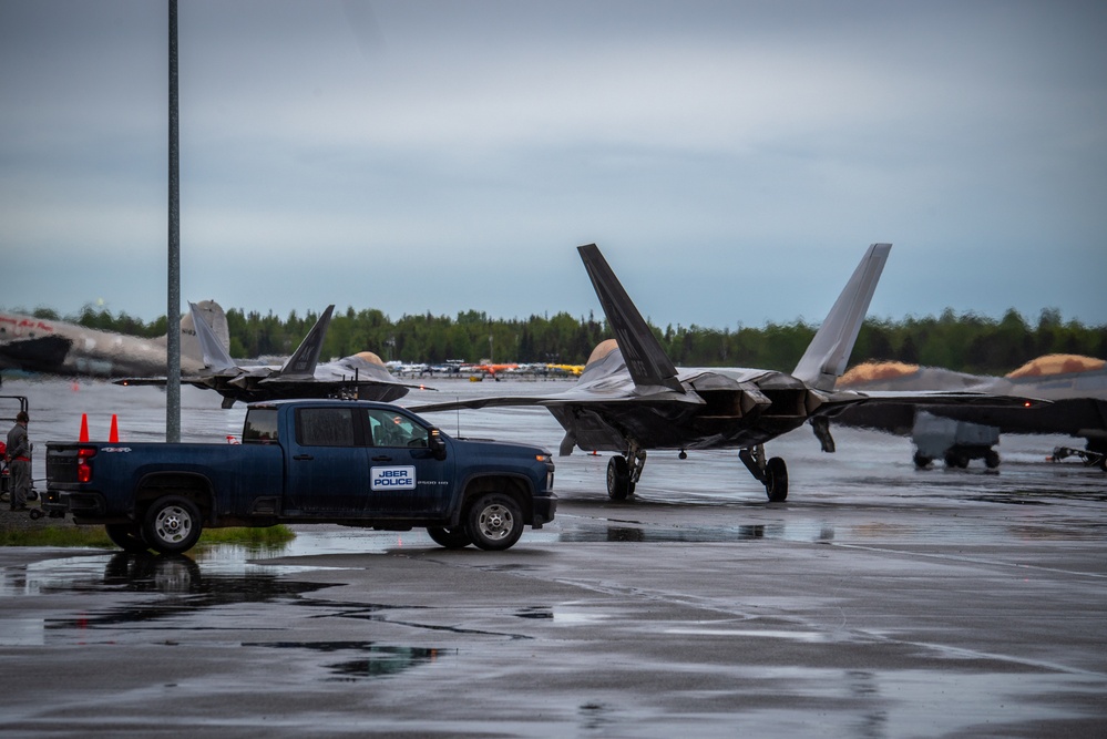 F-22 Raptors assigned to JBER conduct aerial maneuvers during exercise Tropic Tundra