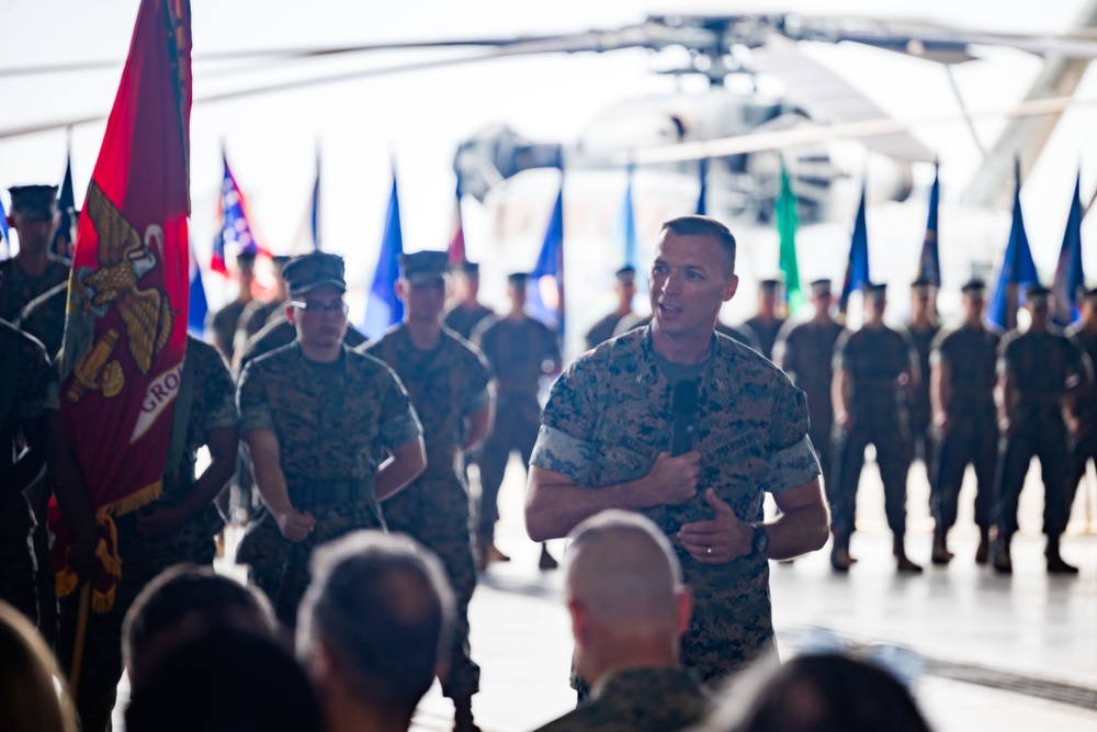 Col. Brett Allison relinquishes post to Col. Lee Hemming during MAG-36 change of command ceremony