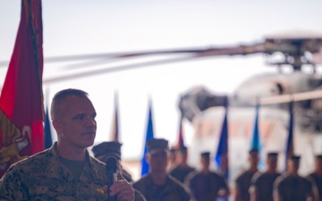 Col. Brett Allison relinquishes post to Col. Lee Hemming during MAG-36 change of command ceremony