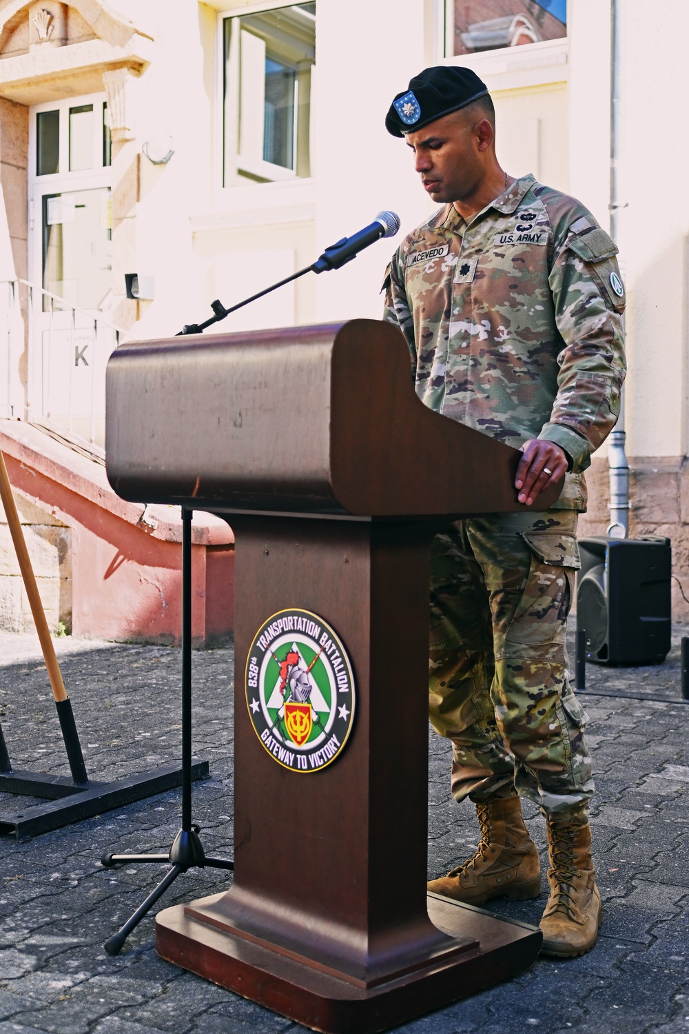 Outgoing 838th Transportation BN Commander Addresses Audience During Change of Command Ceremony