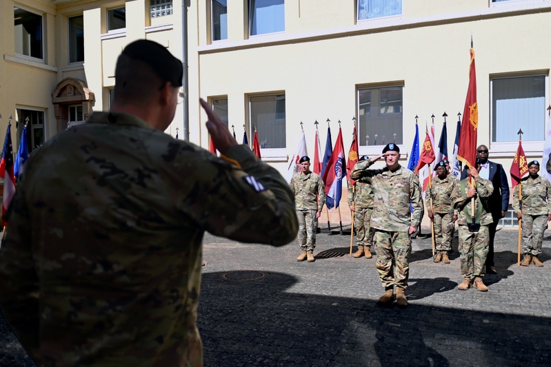 Incoming 838th Transportation BN Commander Renders Salute to Commander of the 598th Transportation BDE