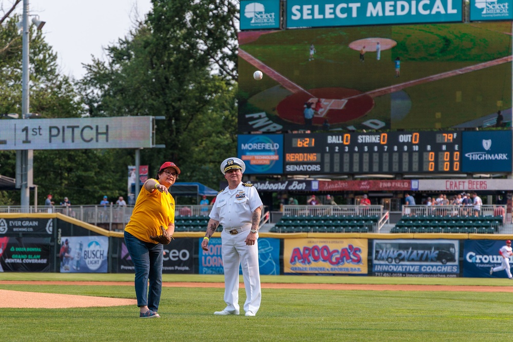 Vice Commander of NAVSUP WSS Throws First Pitch at Harrisburg Senators Baseball Game