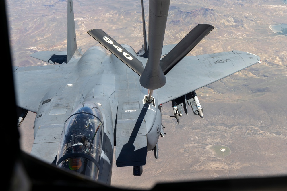 KC-135 Stratotanker refuels F-15E Strike Eagle