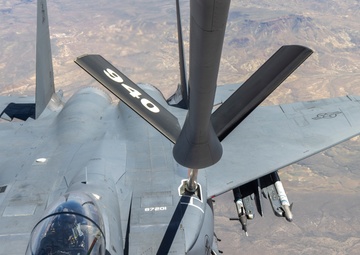 KC-135 Stratotanker refuels F-15E Strike Eagle