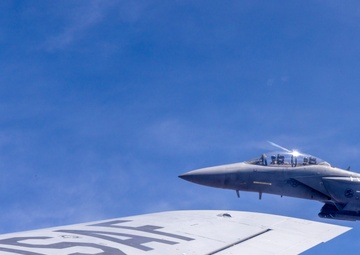 KC-135 Stratotanker refuels F-15E Strike Eagle