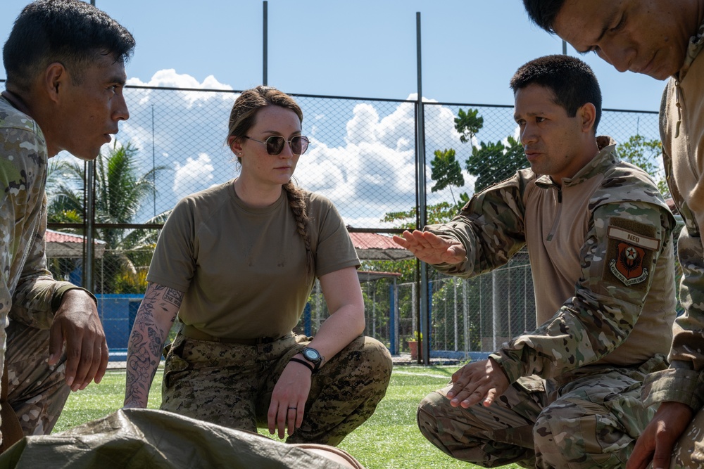 U.S. Air Force and Royal Canadian Air Force medical teams participate in a knowledge exchange with the Peruvian military on Tactical Combat Casualty Care.