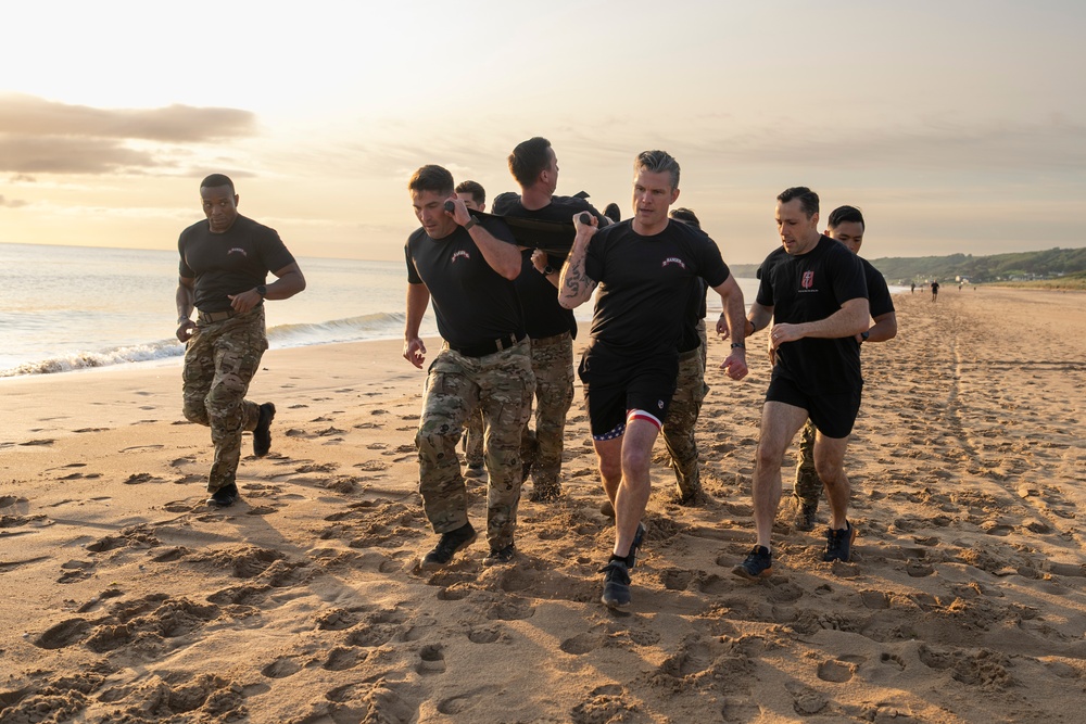 SD Participates in Troop PT on Omaha Beach, Meets with UK and French Counterparts, Delivers Remarks at D-Day Ceremonies