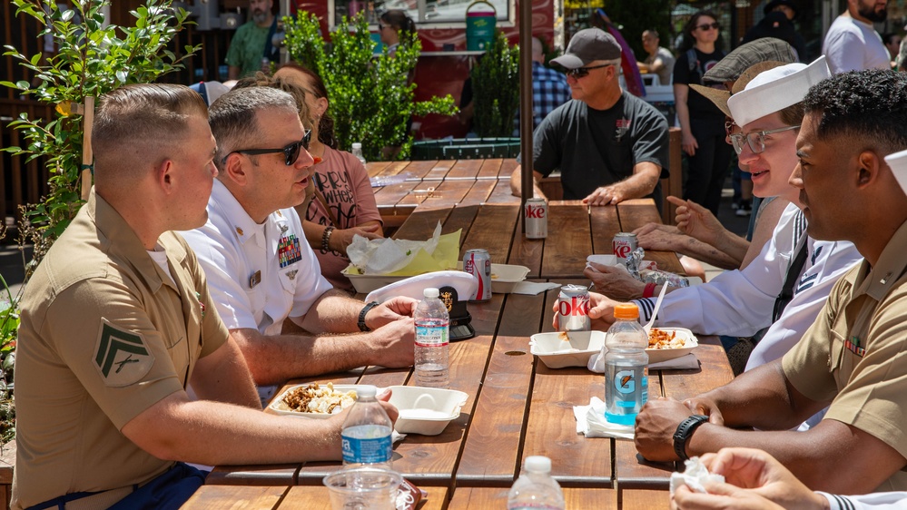 Sailors enjoy Portland food trucks at Midtown Beer Garden