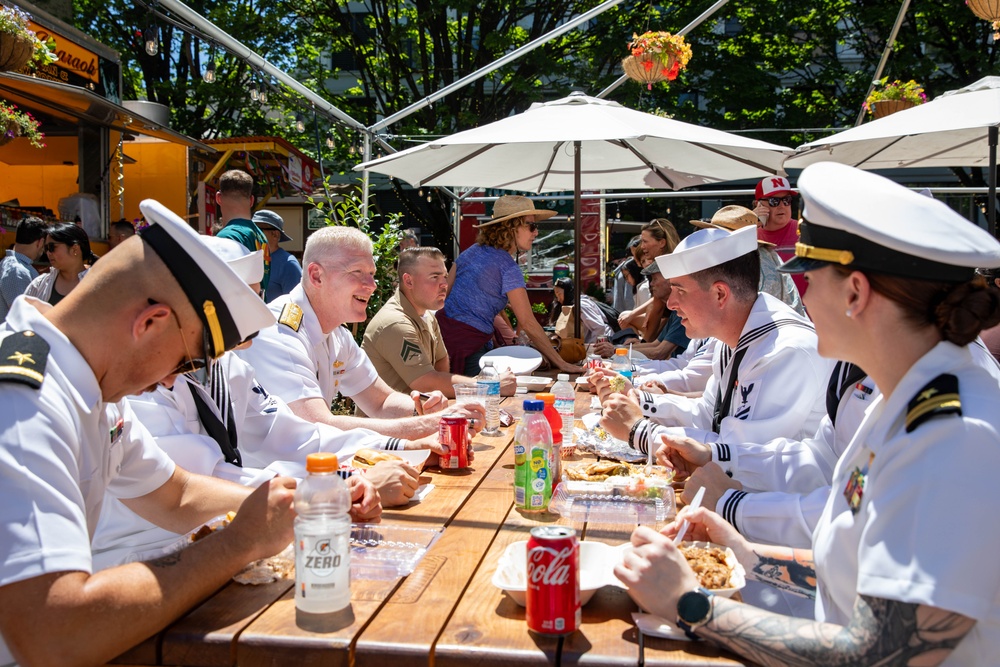 Sailors enjoy Portland food trucks at Midtown Beer Garden