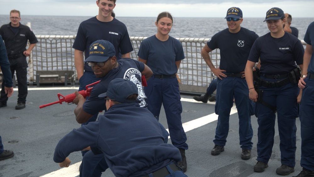 Members of the Legend-class USCGC Stratton take part in law enforcement training in the East China Sea