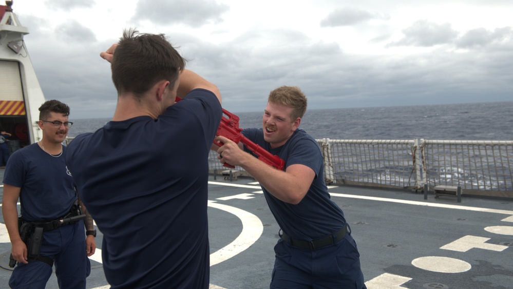 Members of the Legend-class USCGC Stratton take part in law enforcement training in the East China Sea